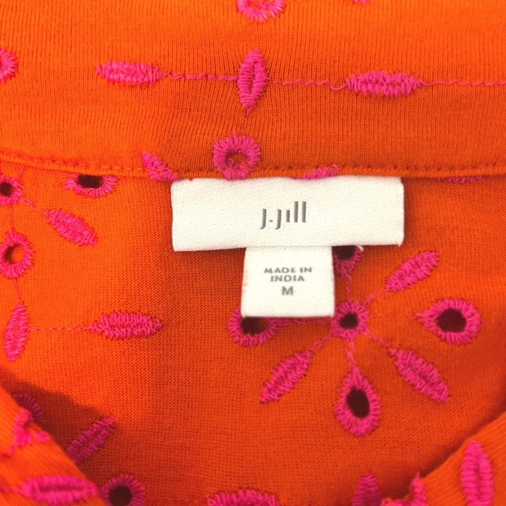 J Jill Contrasting Eyelet Tunic Embroidered Orange Pink 3/4 Sleeve V Neck Blouse - Picture 6 of 7